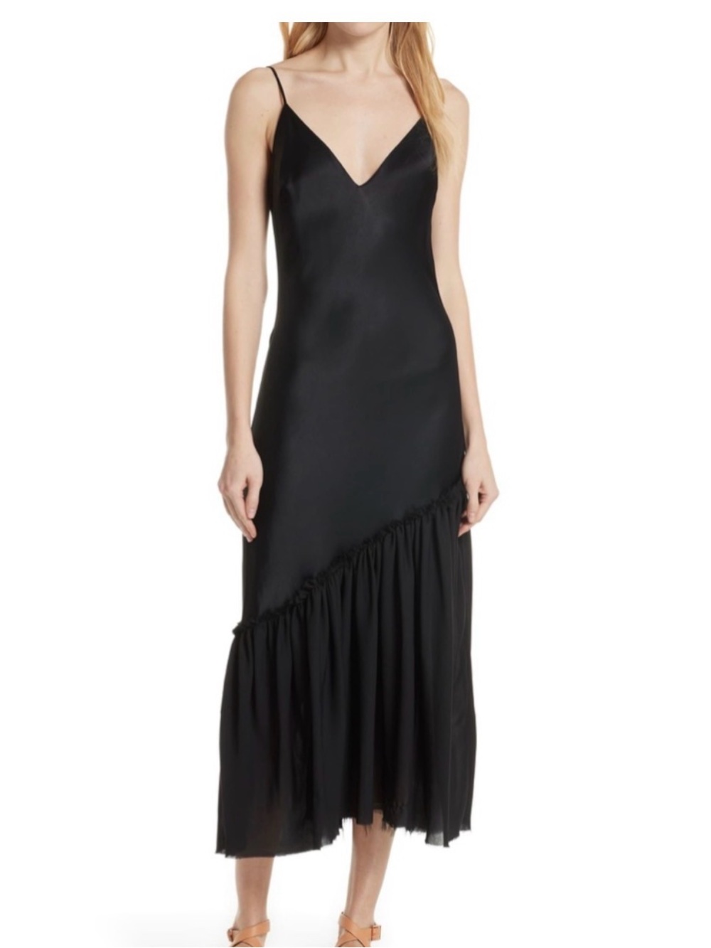 Frame Black V-Neck Slip Dress with Asymmetric Ruffle